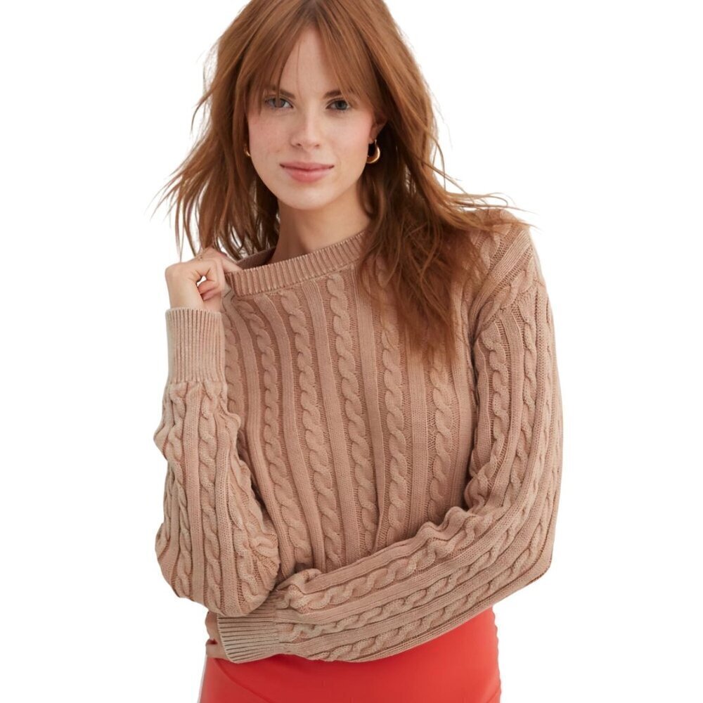 Aerie Mini Cable Cropped Sweater Stonewash Tan Peach Cotton All Season Size L